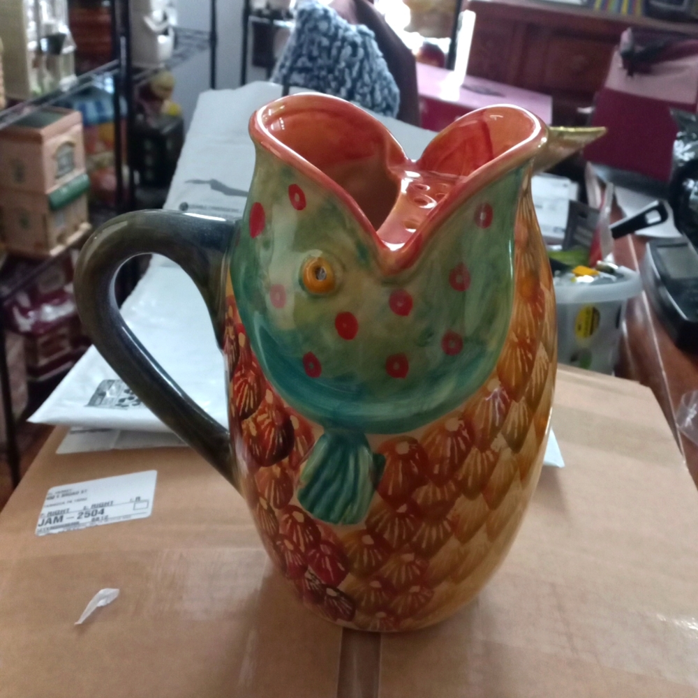 Adorable Koi Fish Pitcher with Ice Catcher, Hand Painted Made In Italy